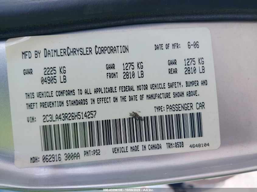 2006 Chrysler 300 VIN: 2C3LA43R26H514257 Lot: 43396106