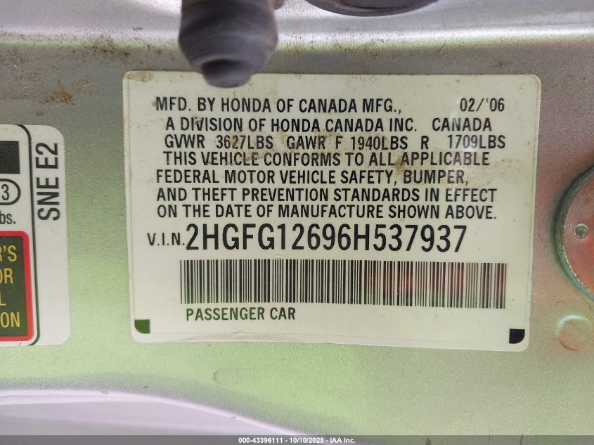 2006 Honda Civic Lx VIN: 2HGFG12696H537937 Lot: 43396111