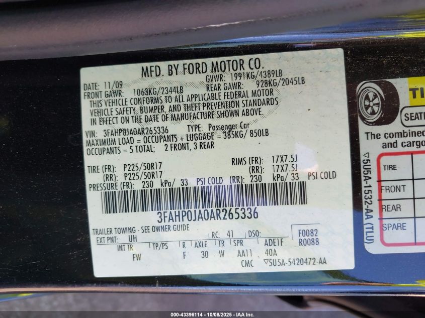 2010 Ford Fusion Sel VIN: 3FAHP0JA0AR265336 Lot: 43396114