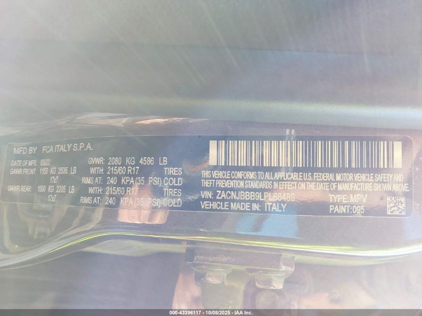 2020 Jeep Renegade Latitude 4X4 VIN: ZACNJBBB9LPL68489 Lot: 43396117