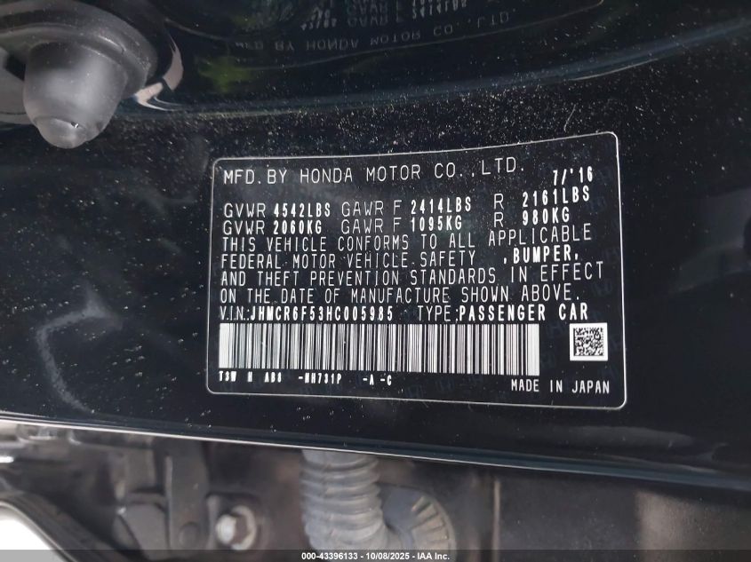 2017 Honda Accord Hybrid Ex-L VIN: JHMCR6F53HC005985 Lot: 43396133