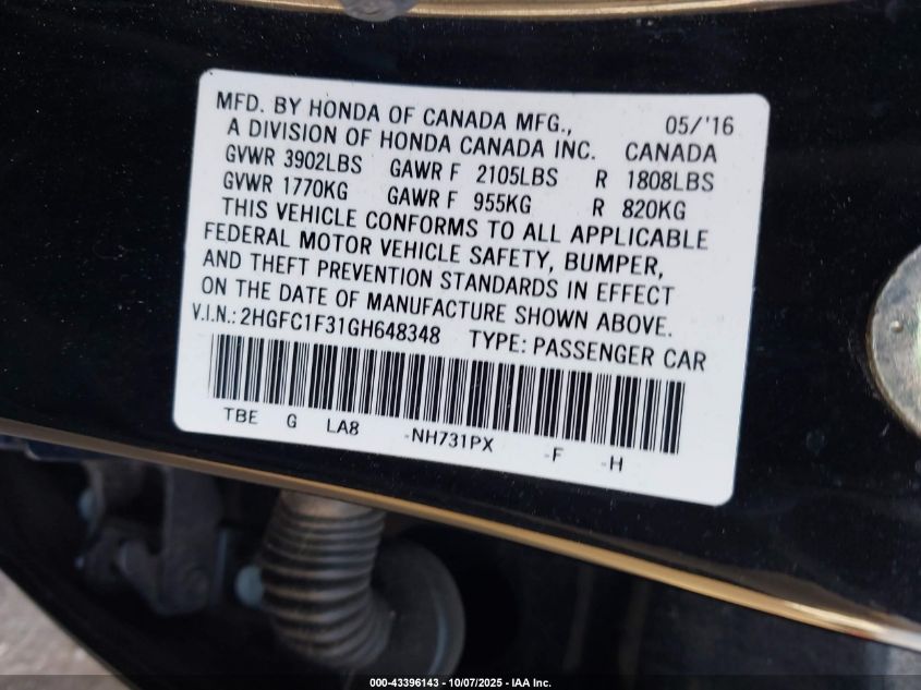 2016 Honda Civic Ex-T VIN: 2HGFC1F31GH648348 Lot: 43396143