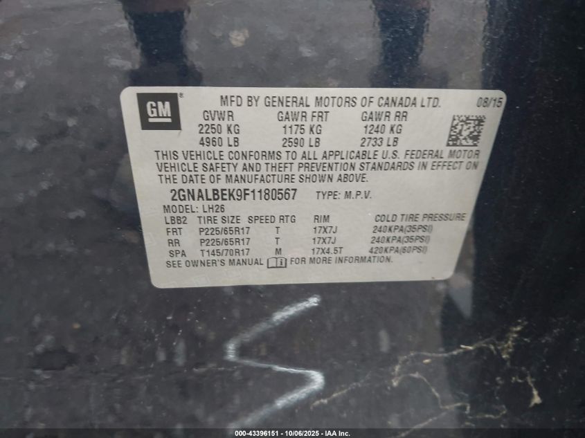 2015 Chevrolet Equinox 1Lt VIN: 2GNALBEK9F1180567 Lot: 43396151