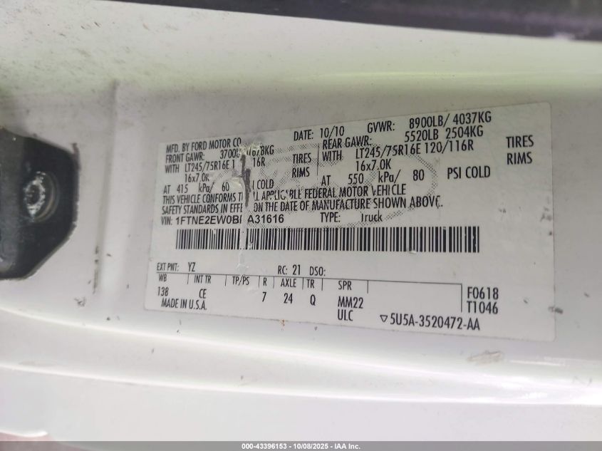 2011 Ford E-250 Commercial VIN: 1FTNE2EW0BDA31616 Lot: 43396153