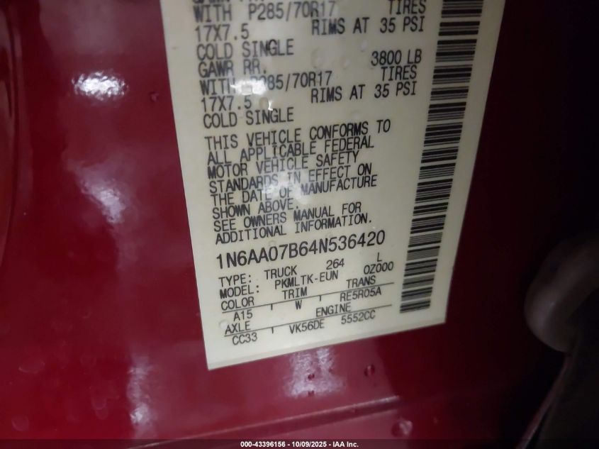 2004 Nissan Titan Se VIN: 1N6AA07B64N536420 Lot: 43396156