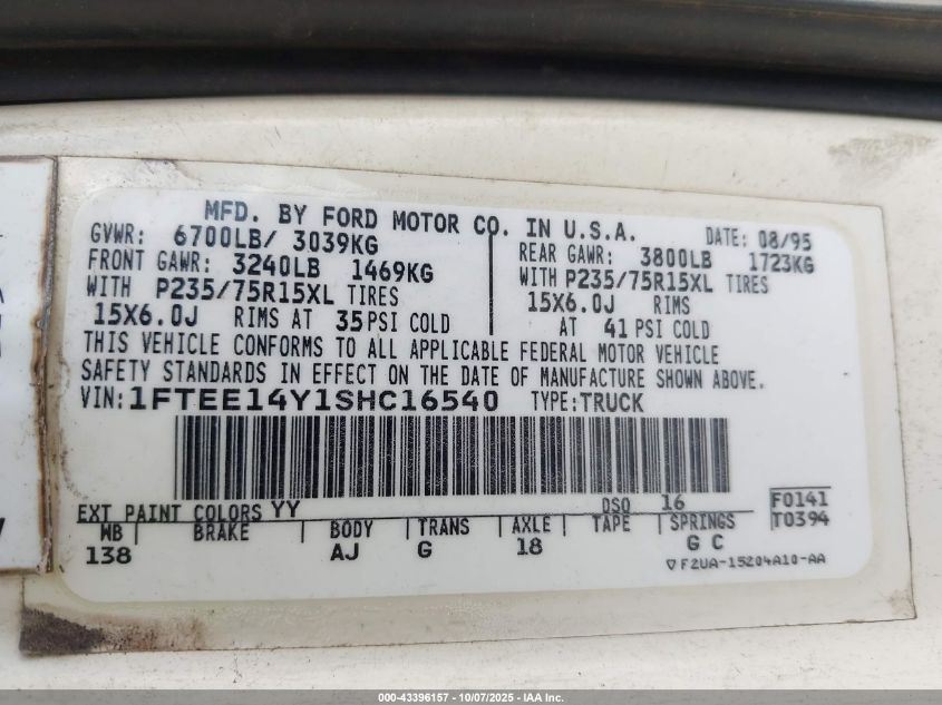 1995 Ford Econoline E150 Van VIN: 1FTEE14Y1SHC16540 Lot: 43396157