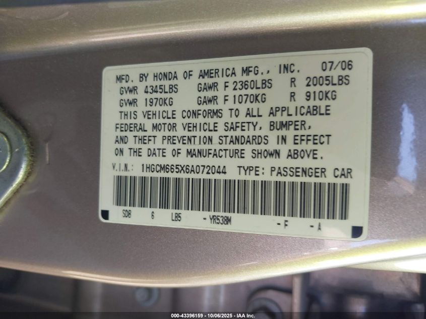 2006 Honda Accord Sdn Ex-L V6 VIN: 1HGCM665X6A072044 Lot: 43396159