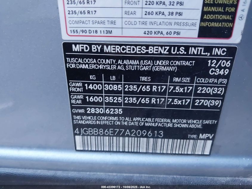 2007 Mercedes-Benz Ml 350 4Matic VIN: 4JGBB86E77A209613 Lot: 43396172