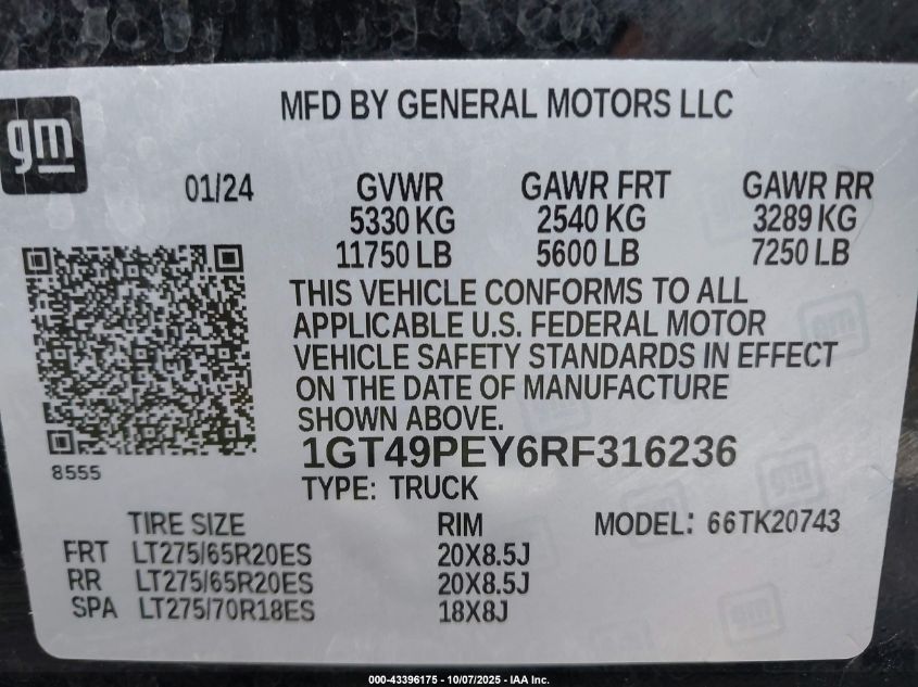 2024 GMC Sierra 2500Hd 4Wd Standard Bed At4 VIN: 1GT49PEY6RF316236 Lot: 43396175