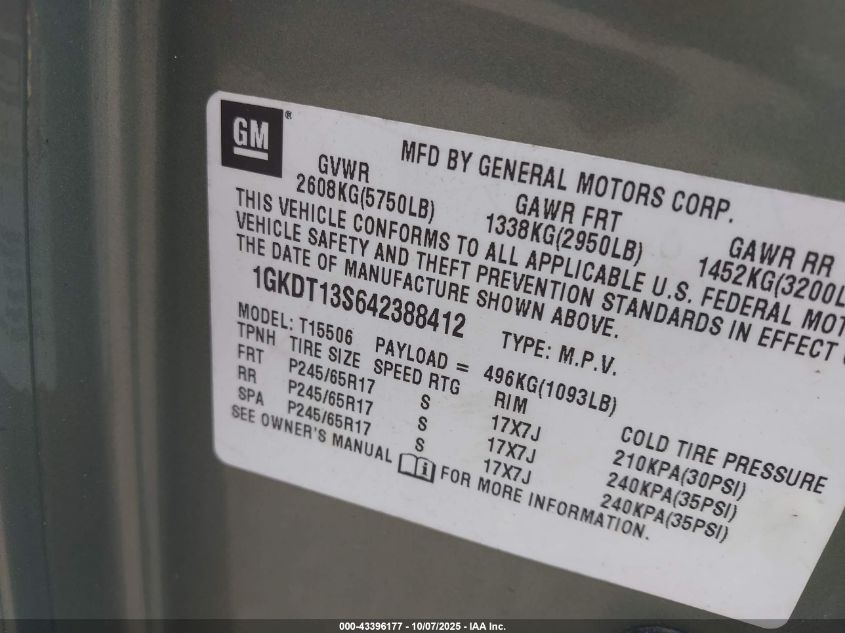 2004 GMC Envoy Sle VIN: 1GKDT13S642388412 Lot: 43396177