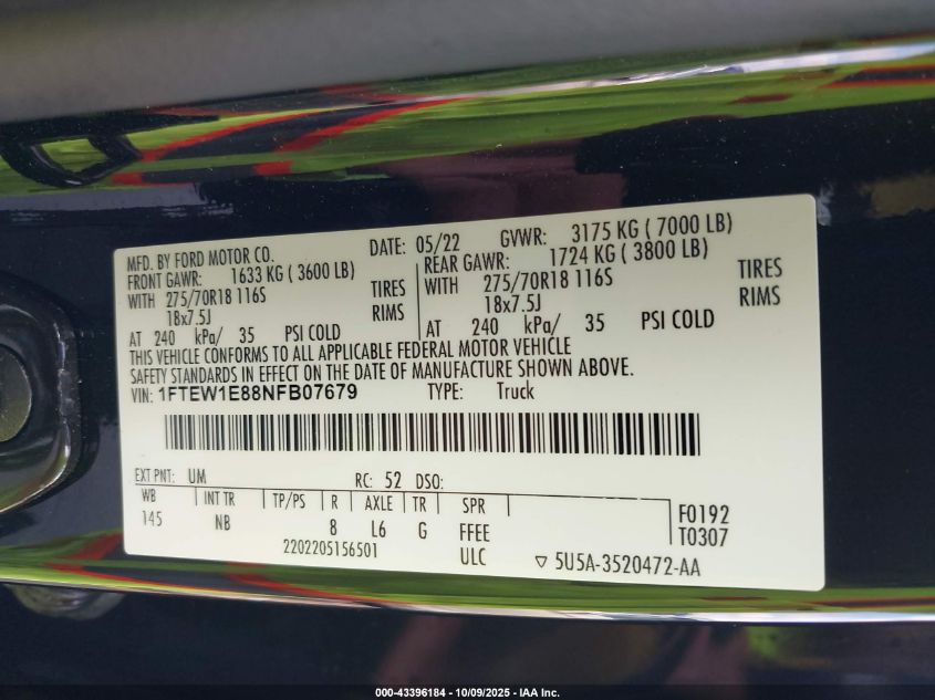 2022 Ford F-150 Tremor VIN: 1FTEW1E88NFB07679 Lot: 43396184