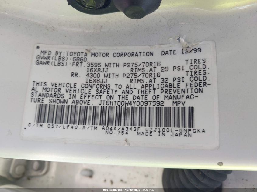 2000 Lexus Lx 470 VIN: JT6HT00W4Y0097592 Lot: 43396185