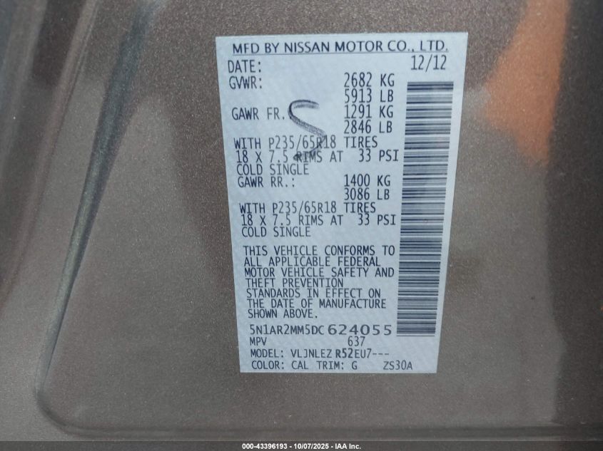 2013 Nissan Pathfinder Sv VIN: 5N1AR2MM5DC624055 Lot: 43396193