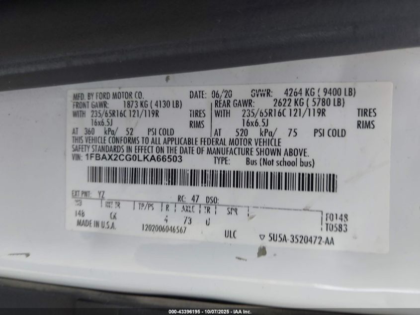 2020 Ford Transit-350 Passenger Van Xlt VIN: 1FBAX2CG0LKA66503 Lot: 43396195