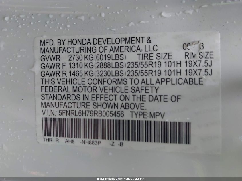 2024 Honda Odyssey Sport VIN: 5FNRL6H79RB005456 Lot: 43396202