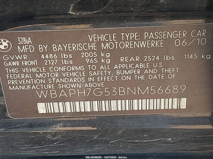 2011 BMW 328I VIN: WBAPH7G53BNM56689 Lot: 43396209