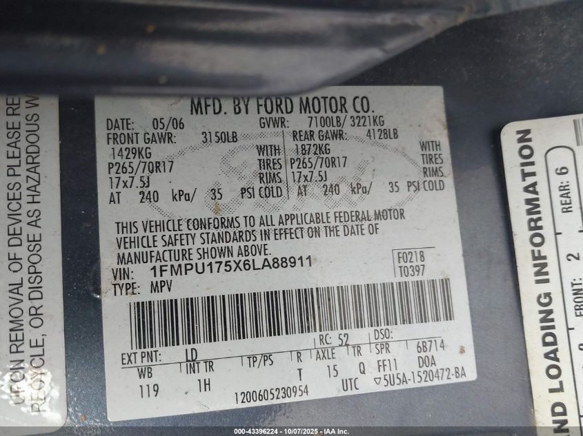 2006 Ford Expedition Eddie Bauer/King Ranch VIN: 1FMPU175X6LA88911 Lot: 43396224