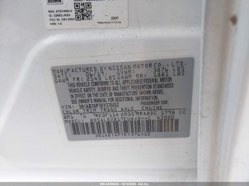 2019 Nissan Sentra Sv VIN: 3N1AB7AP7KY376452 Lot: 43396226