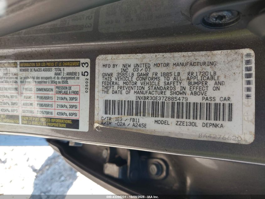 2007 Toyota Corolla Le VIN: 1NXBR30E37Z885479 Lot: 43396231