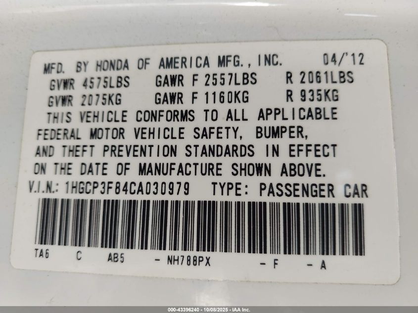 2012 Honda Accord 3.5 Ex-L VIN: 1HGCP3F84CA030979 Lot: 43396240