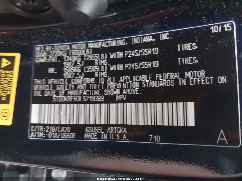 2015 Toyota Highlander Limited V6 VIN: 5TDDKRFH3FS219389 Lot: 43396244