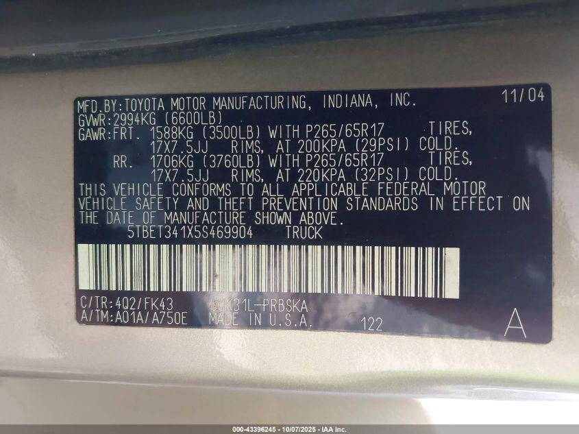 2005 Toyota Tundra Sr5 V8 VIN: 5TBET341X5S469904 Lot: 43396245