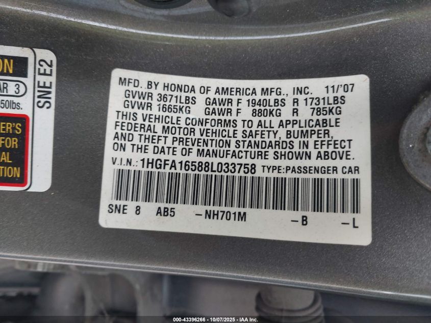 2008 Honda Civic Lx VIN: 1HGFA16588L033758 Lot: 43396266