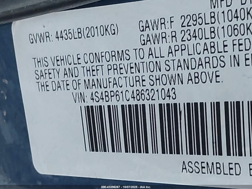 2008 Subaru Outback 2.5I VIN: 4S4BP61C486321043 Lot: 43396267