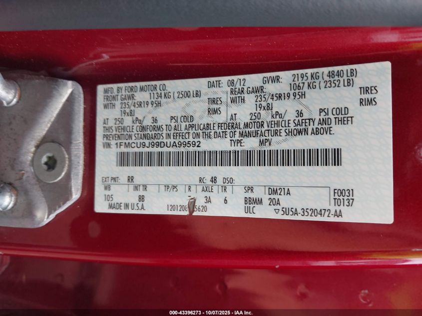 2013 Ford Escape Titanium VIN: 1FMCU9J99DUA99592 Lot: 43396273