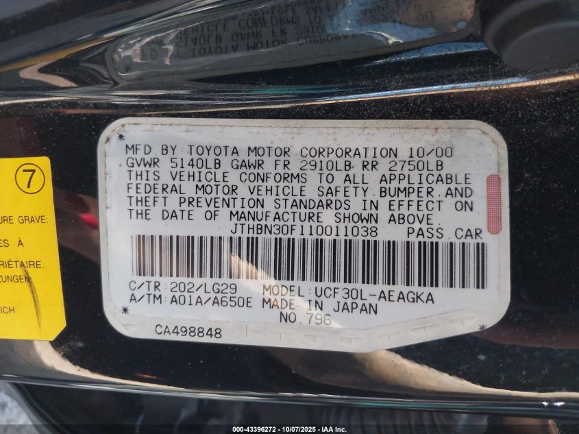 2001 Lexus Ls 430 VIN: JTHBN30F110011038 Lot: 43396272