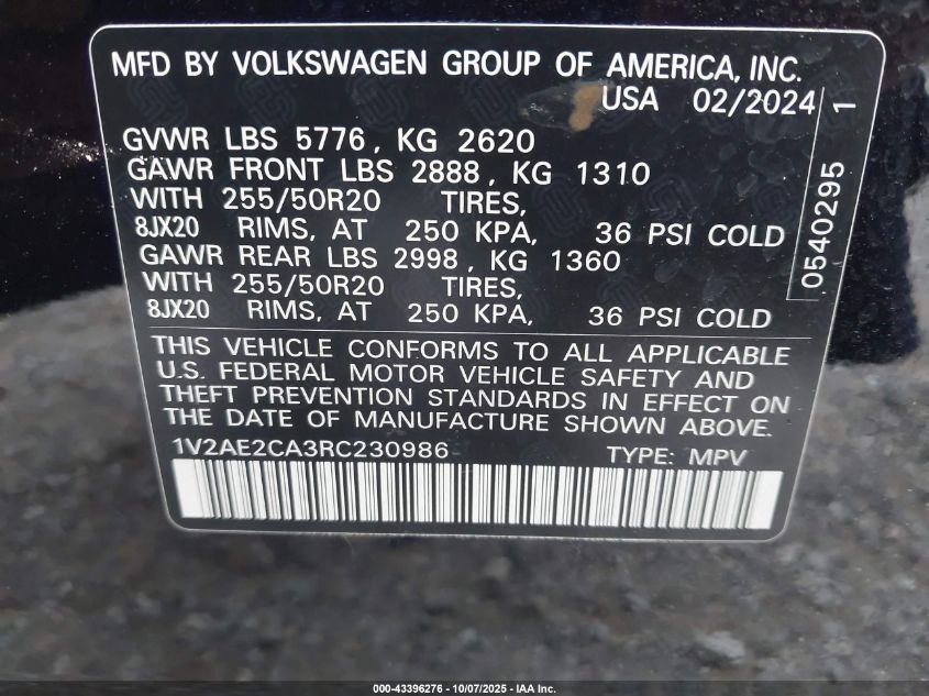 2024 Volkswagen Atlas Cross Sport 2.0T Sel R-Line VIN: 1V2AE2CA3RC230986 Lot: 43396276