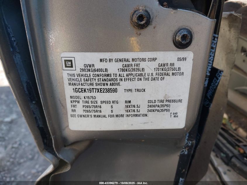 1999 Chevrolet Silverado 1500 Ls VIN: 1GCEK19T7XE238590 Lot: 43396279