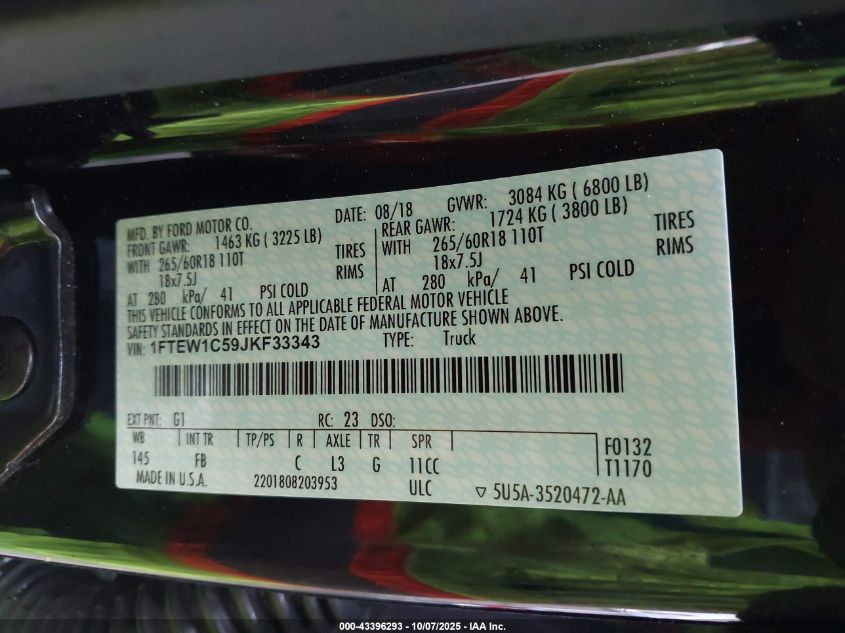 2018 Ford F-150 Xlt VIN: 1FTEW1C59JKF33343 Lot: 43396293