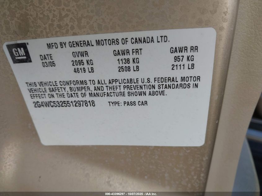 2005 Buick Lacrosse Cx VIN: 2G4WC532551297818 Lot: 43396297