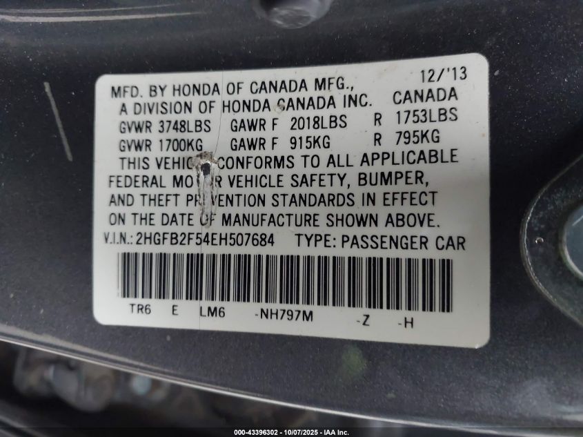 2014 Honda Civic Lx VIN: 2HGFB2F54EH507684 Lot: 43396302