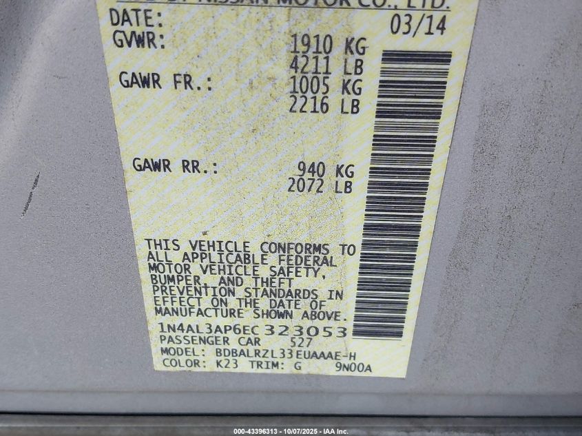 2014 Nissan Altima 2.5 S VIN: 1N4AL3AP6EC323053 Lot: 43396313