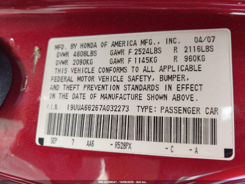 2007 Acura Tl 3.2 VIN: 19UUA66267A032273 Lot: 43396341