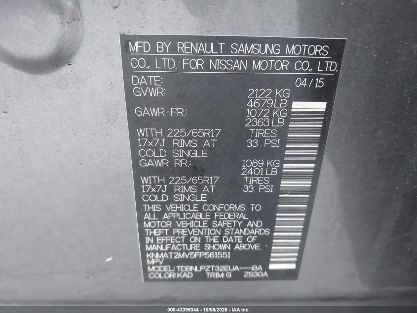 2015 Nissan Rogue S VIN: KNMAT2MV5FP561551 Lot: 43396344