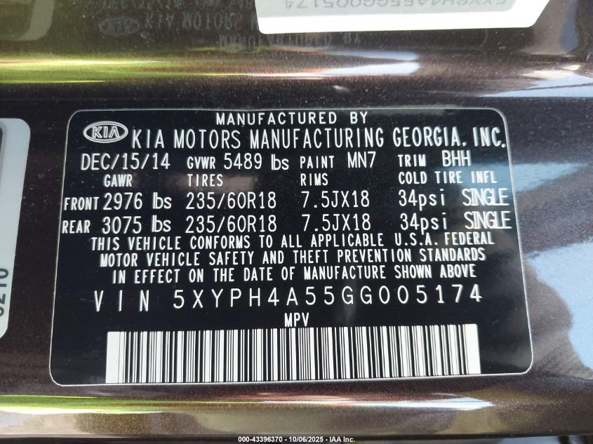 2016 Kia Sorento 3.3L Ex VIN: 5XYPH4A55GG005174 Lot: 43396370