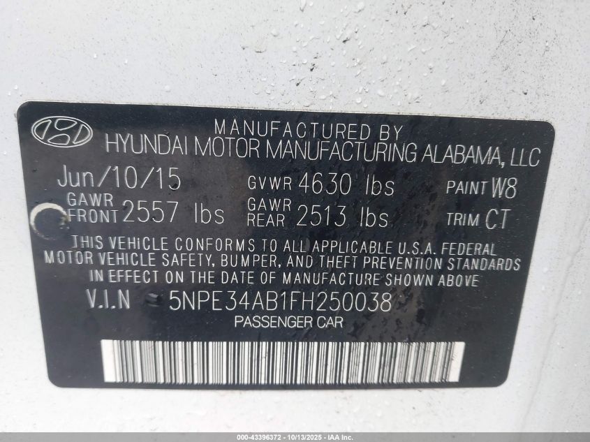 2015 Hyundai Sonata Limited 2.0T VIN: 5NPE34AB1FH250038 Lot: 43396372