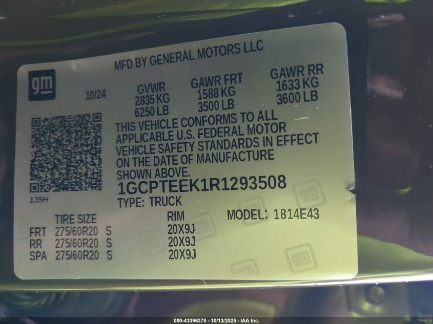 2024 Chevrolet Colorado 4Wd Trail Boss VIN: 1GCPTEEK1R1293508 Lot: 43396378