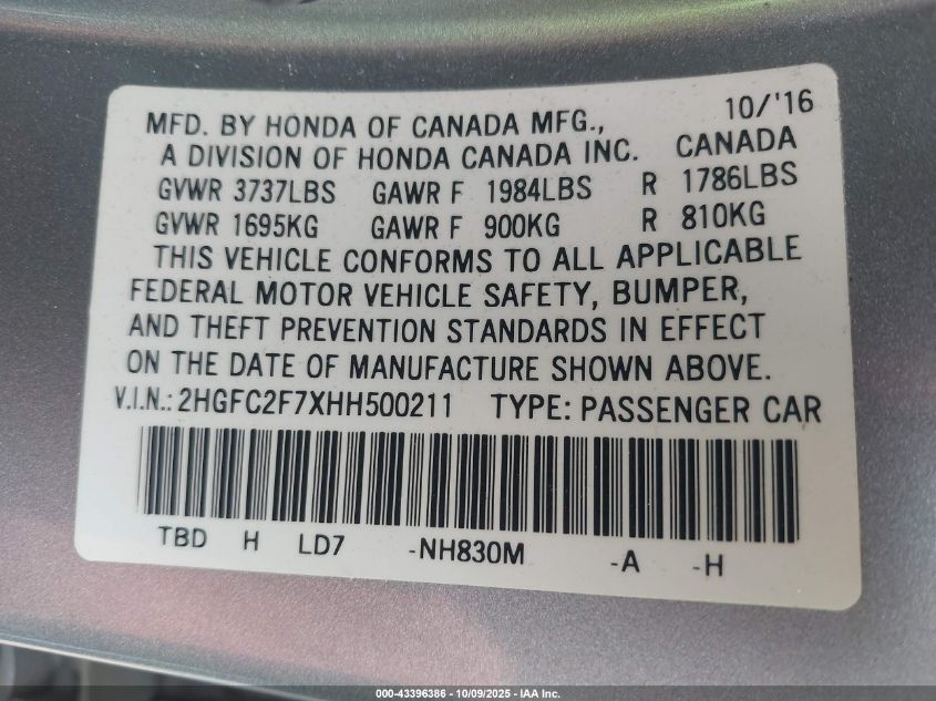 2017 Honda Civic Ex VIN: 2HGFC2F7XHH500211 Lot: 43396386