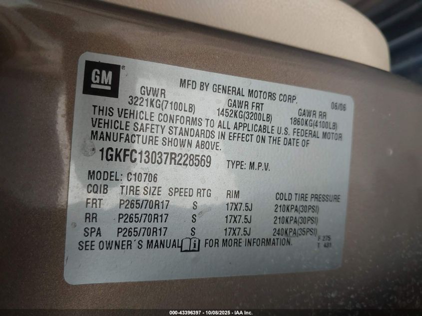 2007 GMC Yukon Slt VIN: 1GKFC13037R228569 Lot: 43396397