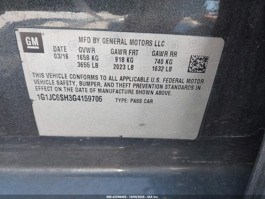 2016 Chevrolet Sonic Lt Auto VIN: 1G1JC6SH3G4159706 Lot: 43396405