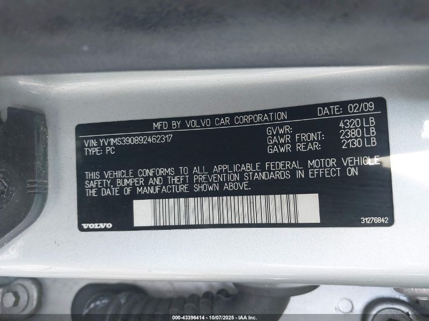 2009 Volvo S40 2.4I VIN: YV1MS390892462317 Lot: 43396414