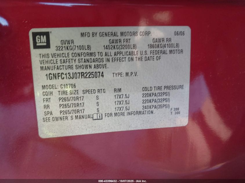 2007 Chevrolet Tahoe Ls VIN: 1GNFC13J07R225074 Lot: 43396432
