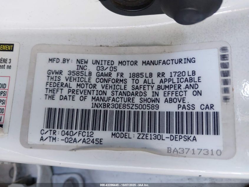 2005 Toyota Corolla S VIN: 1NXBR30E85Z500589 Lot: 43396445