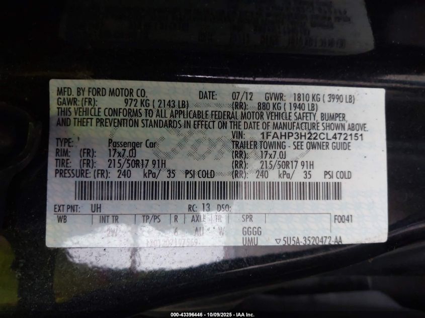 2012 Ford Focus Sel VIN: 1FAHP3H22CL472151 Lot: 43396446