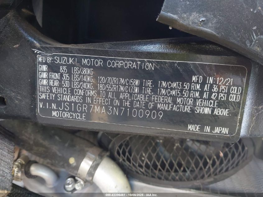 2022 Suzuki Gsx-R750 VIN: JS1GR7MA3N7100909 Lot: 43396461