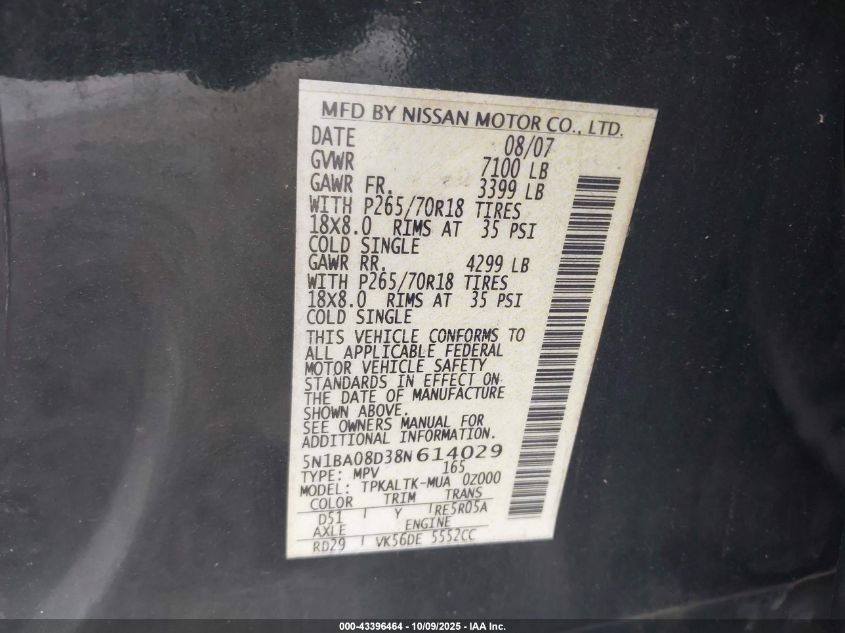 2008 Nissan Armada Se VIN: 5N1BA08D38N614029 Lot: 43396464